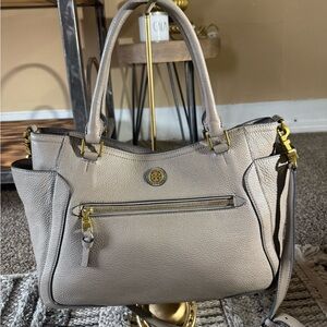 Tory Burch Taupe Leather Shoulder Bag with Gold Hardware